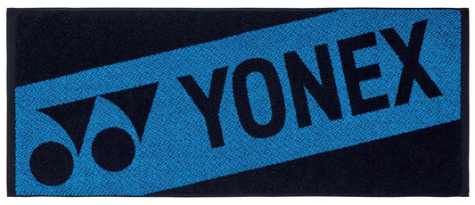 The Yonex AC1113EX Tennis Sports Towel in black features a blue diagonal stripe, bold Yonex logo and name, and is made from 100% cotton.