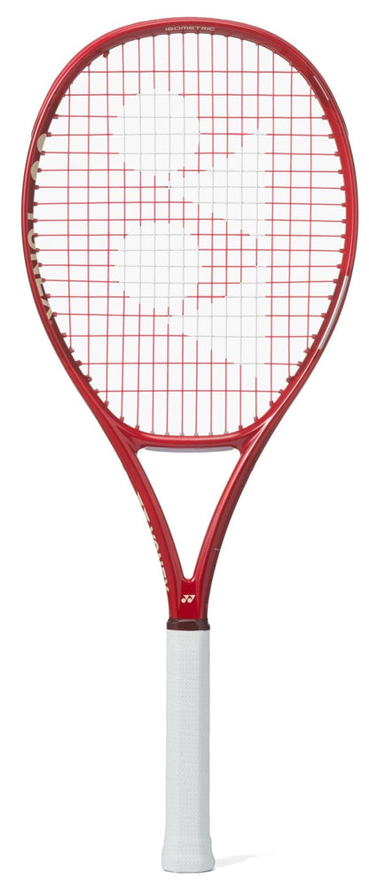 The Yonex VCORE Alpha Ruby Red 2026 Tennis Racket features a white grip, white strings with a large white logo, and advanced ISOMETRIC technology.