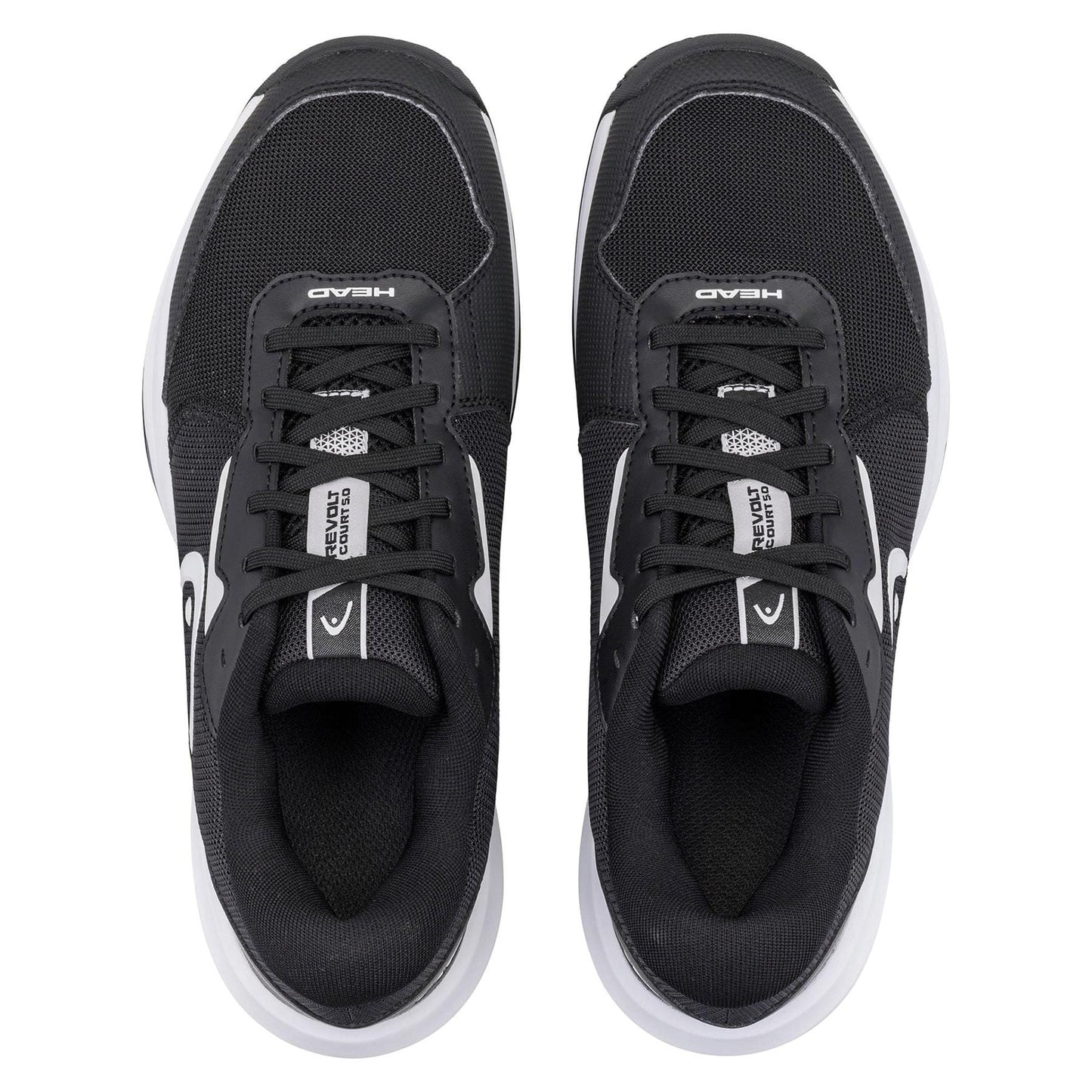 The HEAD Revolt Court 5.0 Men's Tennis Shoes in Black/White feature black uppers, white soles, black laces, and "HEAD" branding on the tongue and side—a stylish, comfortable choice for tennis shoe fans.