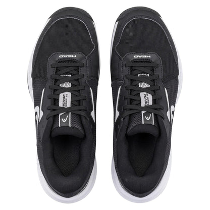 The HEAD Revolt Court 5.0 Men's Tennis Shoes in Black/White feature black uppers, white soles, black laces, and "HEAD" branding on the tongue and side—a stylish, comfortable choice for tennis shoe fans.