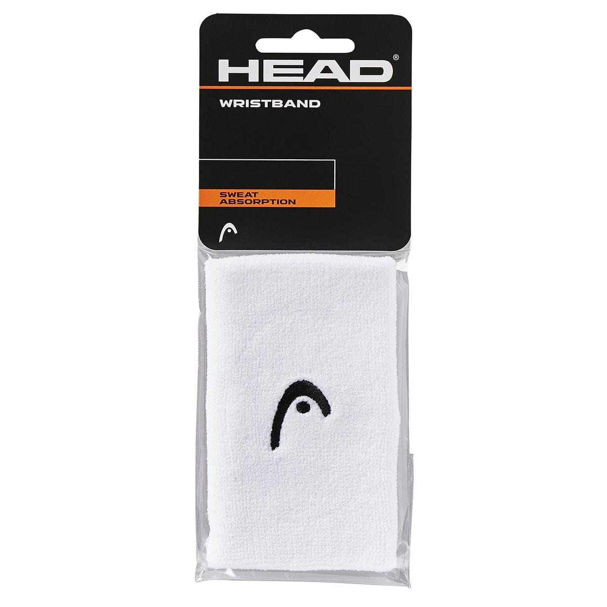 The packaging presents the HEAD 5" Tennis Wristband - White, which includes an elastic sweatband in white with the signature logo. The package displays the terms "Wristband" and "Sweat Absorption" in bold orange and white text set against a stylish black backdrop.