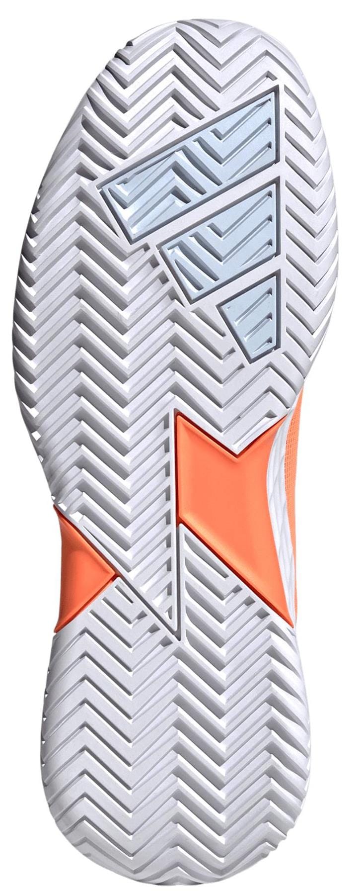 The image displays the white sole of the lightweight adidas ADIDAS Defiant Speed 2 Womens Tennis Shoes - Orange, with a herringbone tread and orange and light blue geometric accents.
