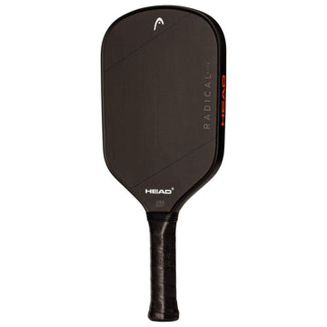 The HEAD Radical Nite Pickleball Paddle features a black design, rectangular shape with rounded edges, textured grip handle, SpinFusion technology, and the words “RADICAL” and “HEAD” printed on its face.