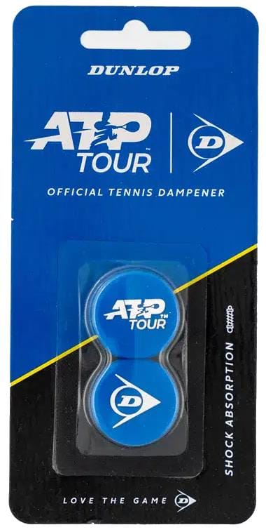 Dunlop ATP Flying D Tennis Vibration Dampener - Blue features two blue circular dampeners with white Dunlop logos in blue and black packaging, designed to minimize string vibrations for superior shock absorption. "Love the Game" text appears at the bottom.
