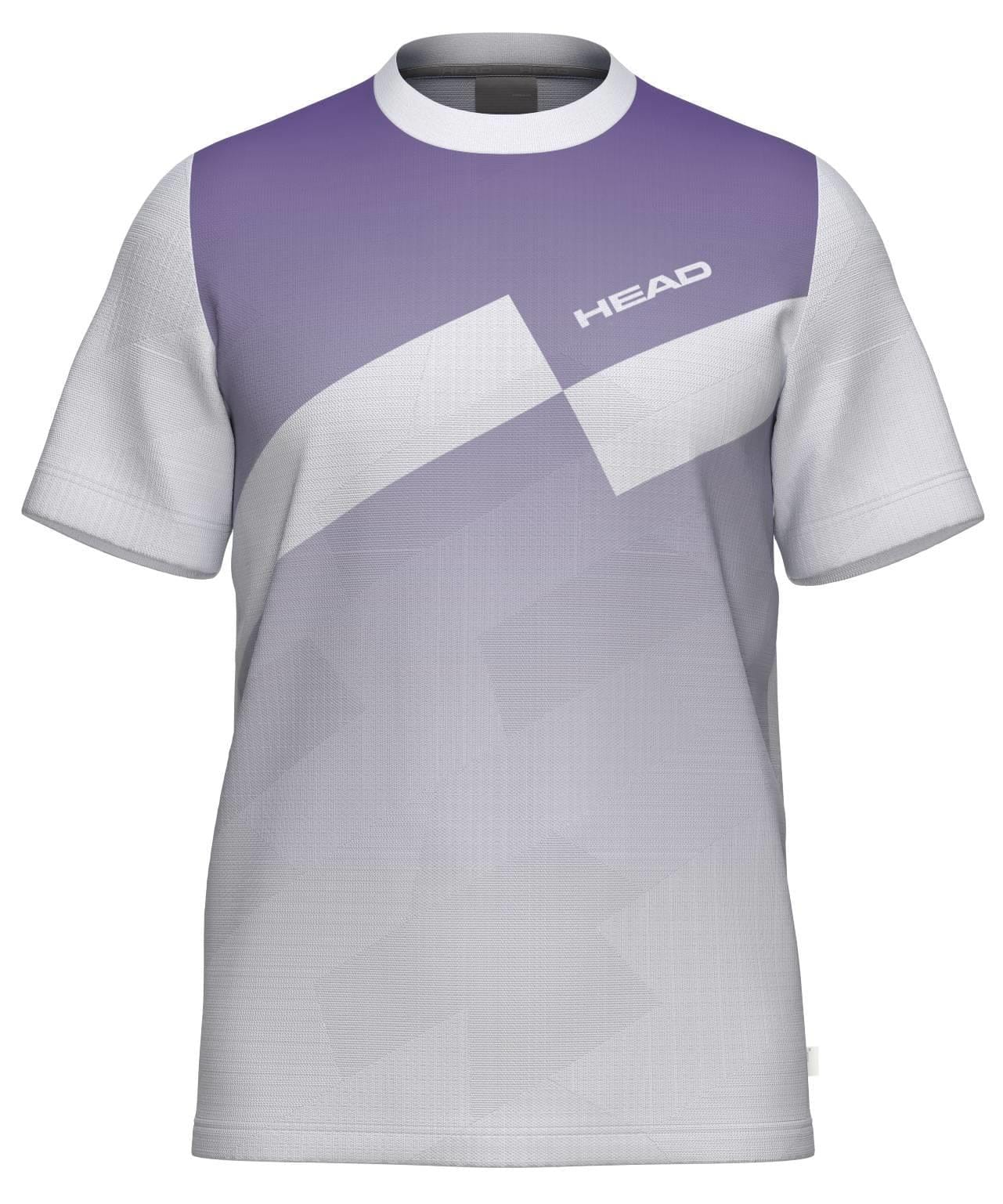 The HEAD Pro Men’s Tennis T-Shirt - PUXP by HEAD features a gradient purple and white geometric design with “HEAD” in white on the chest—ideal as a breathable, short-sleeve sportswear piece for tennis.