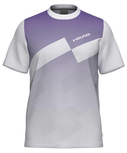 The HEAD Pro Men’s Tennis T-Shirt - PUXP by HEAD features a gradient purple and white geometric design with “HEAD” in white on the chest—ideal as a breathable, short-sleeve sportswear piece for tennis.