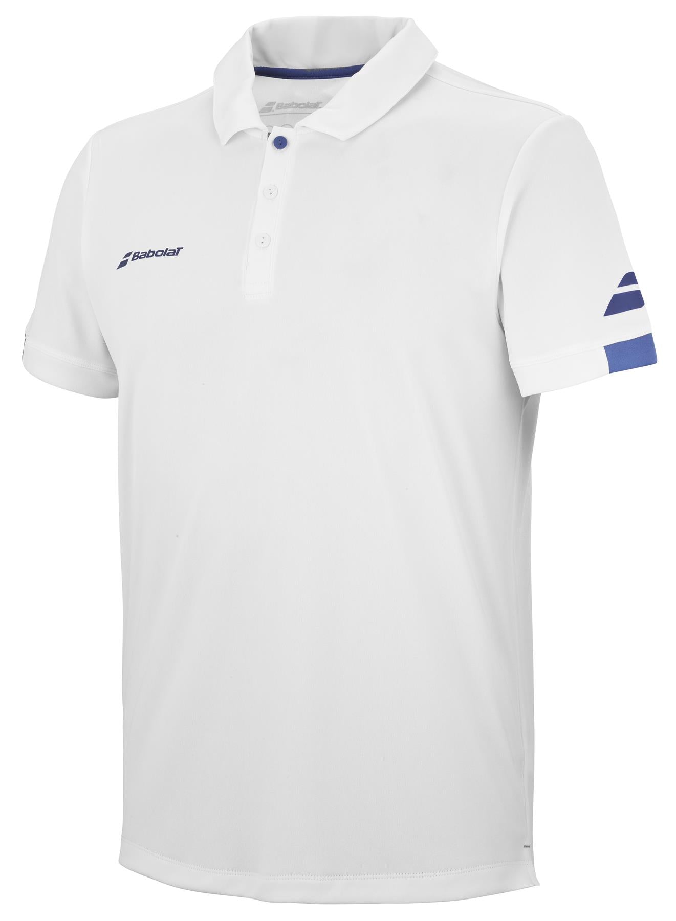 The Babolat Play Men's Tennis Polo Shirt in white features a collar and three-button design. It is adorned with a small blue Babolat logo on the left chest and blue stripes on the left sleeve. This piece combines simplicity with a sporty aesthetic, crafted from Fiber Dry fabric to meet the demands of active wear.
