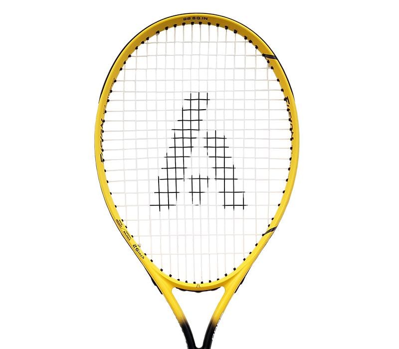 The Ashaway Fusion Power 2600 Tennis Racket features a vibrant yellow design with white strings and a stylish black logo pattern at the center. Ideal for beginners, this racket is known for its sleek frame design, with the grip partially visible at the bottom.