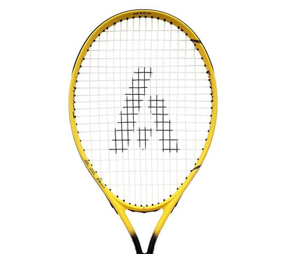The Ashaway Fusion Power 2600 Tennis Racket features a vibrant yellow design with white strings and a stylish black logo pattern at the center. Ideal for beginners, this racket is known for its sleek frame design, with the grip partially visible at the bottom.