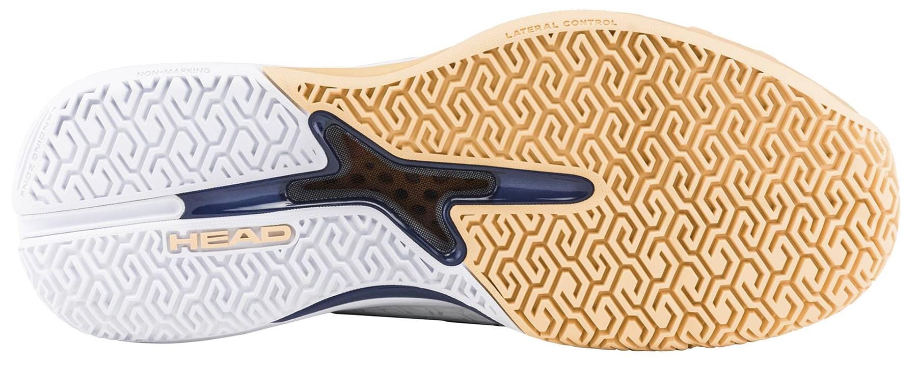 Close-up view of the HEAD Revolt Pro 5.0 Womens Tennis Shoes - White / Apricot sole, showing a patterned beige and white tread with "HEAD" branding and "Lateral Control" text—the ideal durable tennis shoes for women.