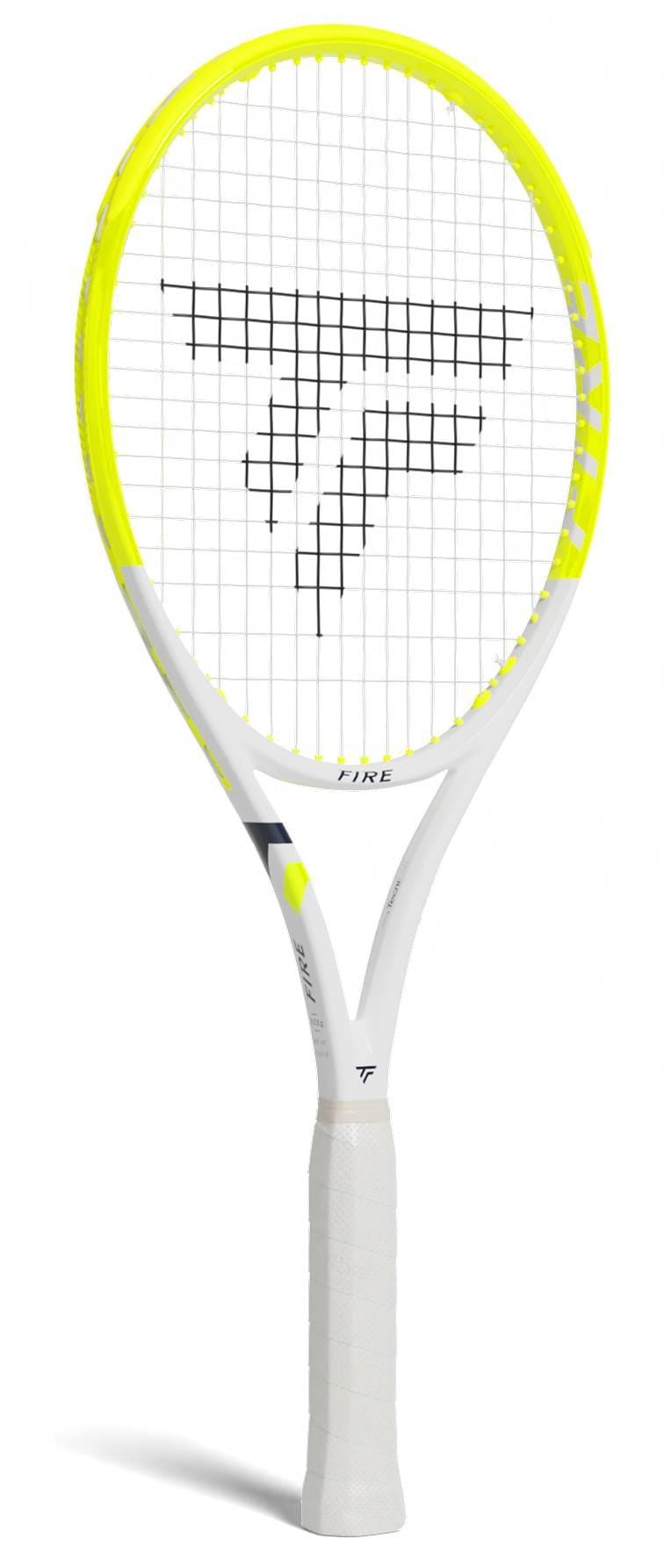 The Tecnifibre Fire 305 S V1 Tennis Racket features a white and yellow frame, white grip, black "T" logo on the strings, gray and yellow throat accents, and built-in vibration dampening technology.