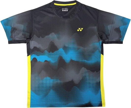 The Yonex YTM2025B Men's Tennis T-Shirt in black features a grey and blue digital pixel pattern, yellow side accents, and Yonex logo. Made with quick-drying, breathable fabric for comfort during intense matches.