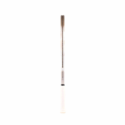The stylish pen, mirroring the engineering of the Yonex VCORE Feel Tennis Racket, features a white/black retractable design with a transparent body showing the ink cartridge. It includes a white grip and black clip on a plain white background.