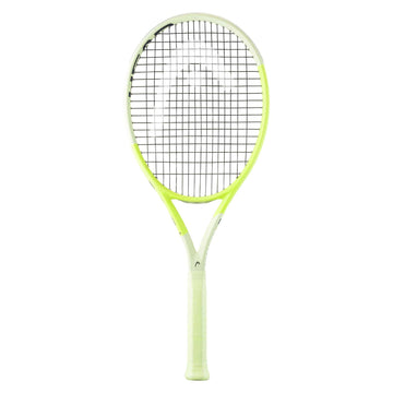 The HEAD Extreme MP 2024 Tennis Racket by HEAD displays a striking green frame accented by black strings and a white grip, highlighting its innovative HEAD Auxetic 2.0 technology for remarkable spin, set against a simple white background.