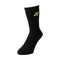 A single Yonex 19120EX 3D ERGO Crew Tennis Sock in black with a yellow logo, featuring two circular shapes and a triangular design, is known for its superior cushioning and is displayed against a plain white background.