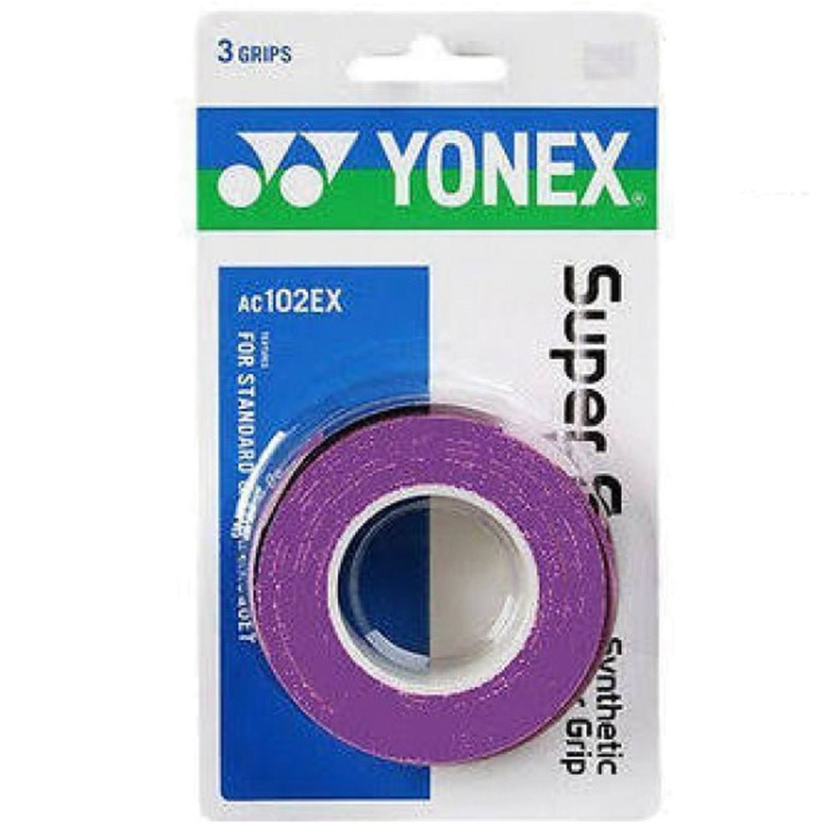 The Yonex AC102EX Super Grap Tennis Overgrip 3 Pack features purple grip tape with blue, green, and white Yonex branding. Each package contains three grips for your racket.