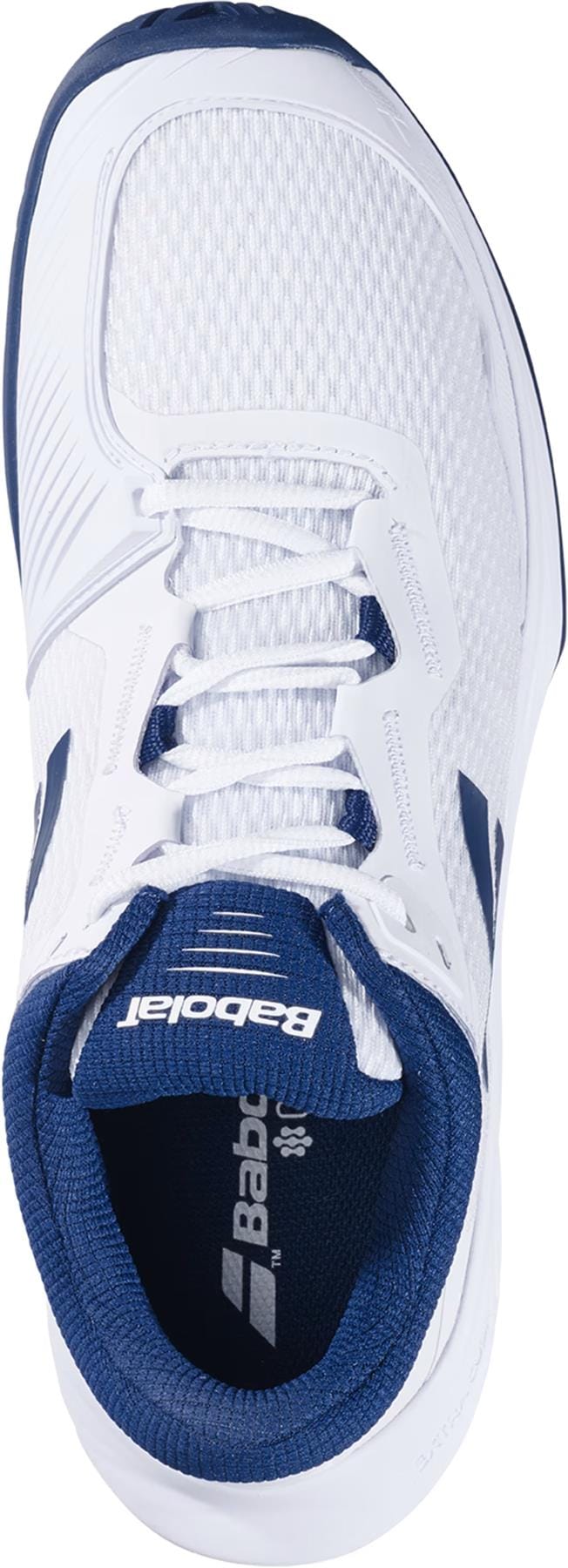 Top-down view of the Babolat SFX 4 All Court Men's Tennis Shoes in White/Estate Blue, showcasing navy accents, laces, and the "Babolat" logo on the tongue and insole—crafted for comfort on any court.