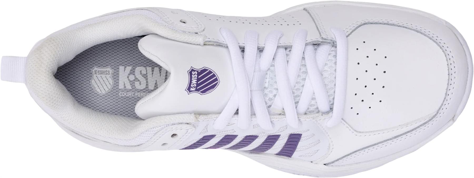 Top view of the K-Swiss Court Express 2 Clay Women's Tennis Shoe in White/Purple Haze/Neo Lavender, with purple stripes, white laces, and perforated toe—designed by K-Swiss for top performance on clay courts.