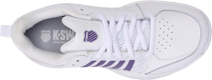 Top view of the K-Swiss Court Express 2 Clay Women's Tennis Shoe in White/Purple Haze/Neo Lavender, with purple stripes, white laces, and perforated toe—designed by K-Swiss for top performance on clay courts.