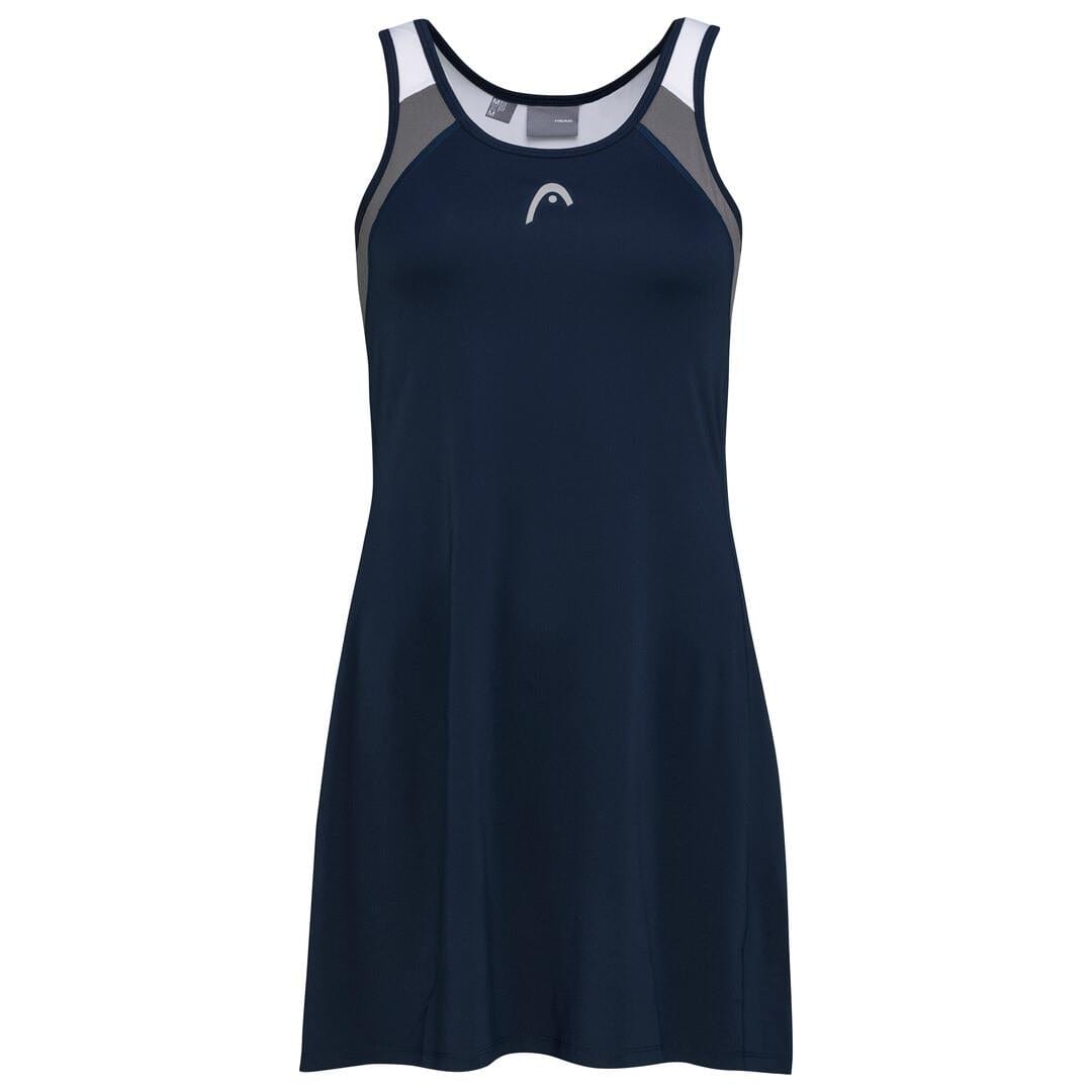 The HEAD Women's Club 22 Tennis Dress in Dark Blue is a sleeveless design with a round neckline and a subtle white logo on the chest. It features moisture transfer microfibre technology and includes gray accents on the shoulder straps and sides, all set against a simple white backdrop.