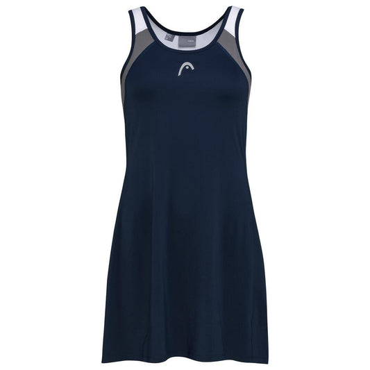 The HEAD Women's Club 22 Tennis Dress in Dark Blue is a sleeveless design with a round neckline and a subtle white logo on the chest. It features moisture transfer microfibre technology and includes gray accents on the shoulder straps and sides, all set against a simple white backdrop.