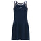 The HEAD Women's Club 22 Tennis Dress in Dark Blue is a sleeveless design with a round neckline and a subtle white logo on the chest. It features moisture transfer microfibre technology and includes gray accents on the shoulder straps and sides, all set against a simple white backdrop.