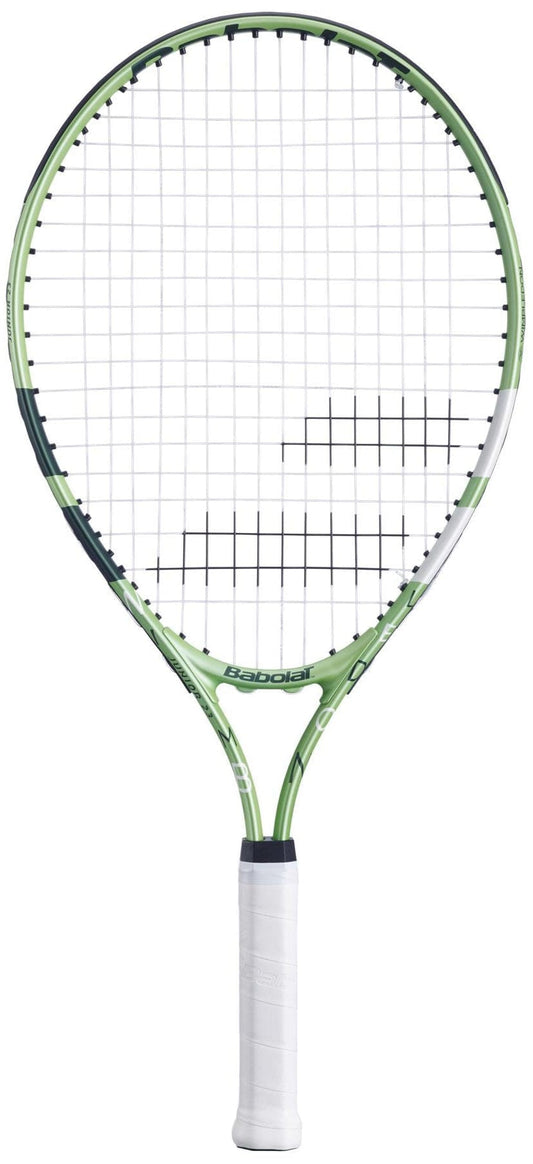 The Babolat Junior 23 Wimbledon 2025 Tennis Racket in Champagne Green features a lightweight frame, black and white string pattern, and white grip handle, displayed against a plain white background.