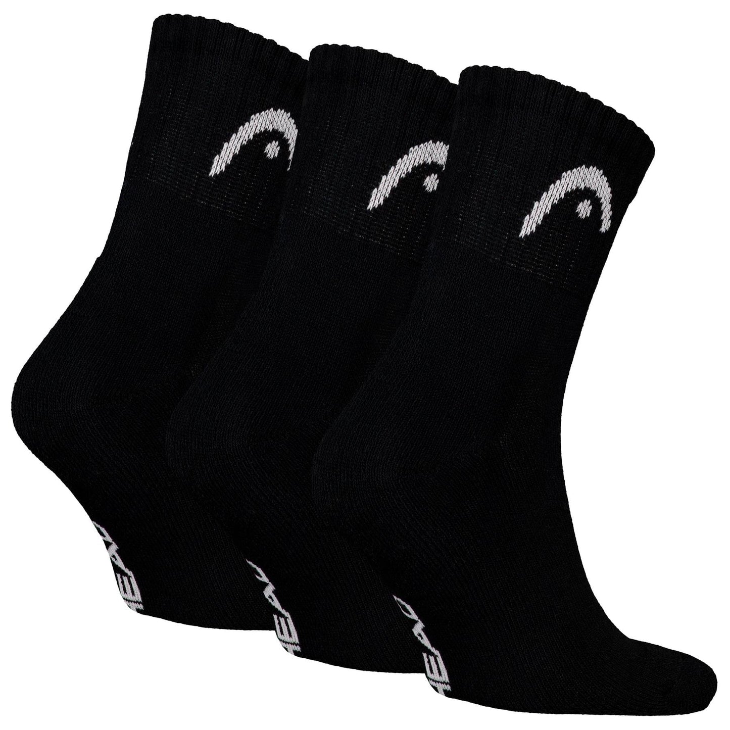 The HEAD Club Short Crew Tennis Socks - Black (3 Pack) by HEAD are shown side by side, each with a white curved logo near the top and "HEAD" in white on the foot, combining style and comfort.