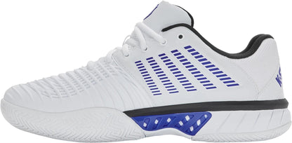 The K-Swiss Express Light 3 Men's Tennis Shoes in White/Dazzling Blue/Black feature textured uppers, perforated side stripes, and a grooved sole for lightweight performance, style, and arch support.
