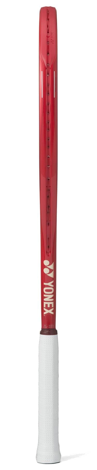 The Yonex VCORE Alpha L Ruby Red 2026 tennis racket, shown from the side with a white grip and Yonex logo by the handle, showcases its ISOMETRIC technology for improved performance.