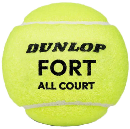 A bright yellow Dunlop Fort All Court Tennis Ball with "DUNLOP FORT ALL COURT" printed in bold black, featuring a fuzzy texture and white curved seams—ideal for elite competitive play. Sold as a 4 ball tube by Dunlop.