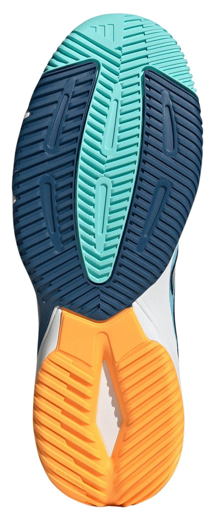 The image shows the sole of adidas Crazyflight 6 Men's Indoor Tennis Shoes - Navy, featuring segmented rubber grips in dark blue, teal, and orange with textured patterns for traction—ideal for indoor sports.