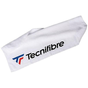 The Tecnifibre Logo Towel in white, featuring the Tecnifibre brand name in black and a blue and red stylized "T" emblem, is ideal for training and matches due to its optimal absorbency.