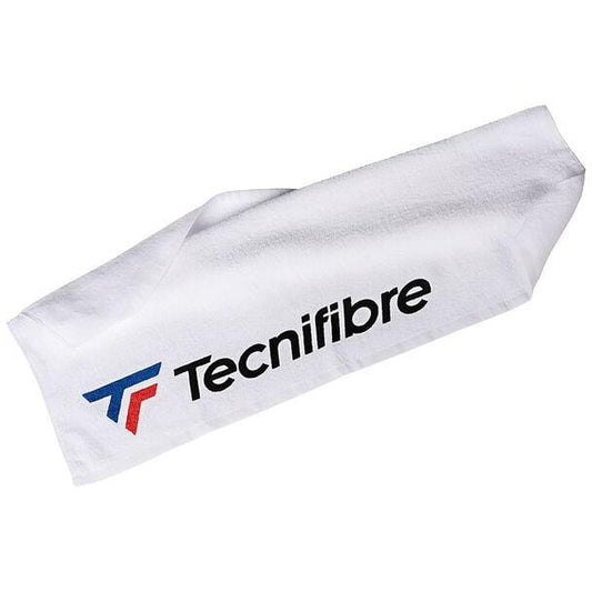 The Tecnifibre Logo Towel in white, featuring the Tecnifibre brand name in black and a blue and red stylized "T" emblem, is ideal for training and matches due to its optimal absorbency.