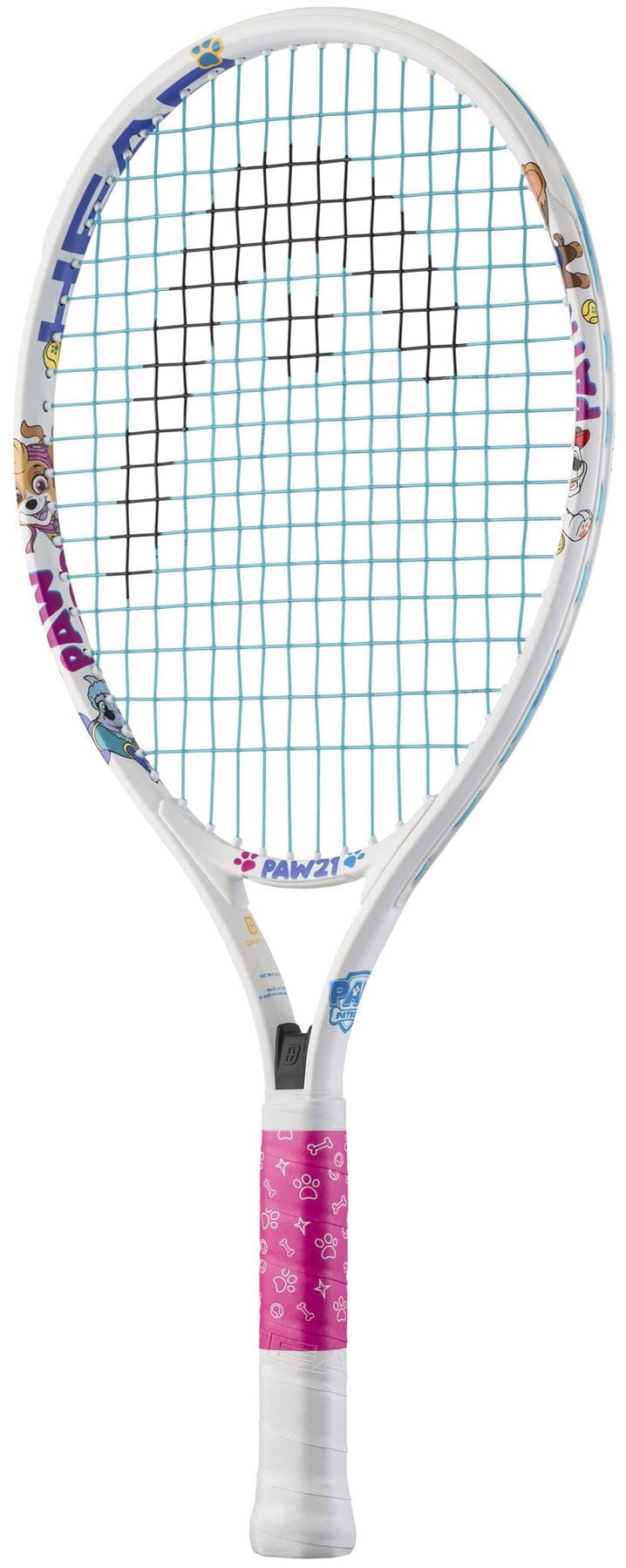 The HEAD x Paw Patrol 21 Junior Tennis Racket - White from HEAD features blue strings, cartoon animal designs, and a pink grip with white paw prints—“PAWZY!” above the handle makes it perfect for young players seeking a playful starter racket.