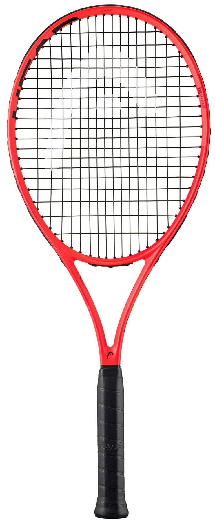 The HEAD MX Attitude COMP Tennis Racket by HEAD is shown in red with a black grip, black strings, and a white logo on the string bed. This lightweight racket is ideal for beginners and is photographed on a white background.