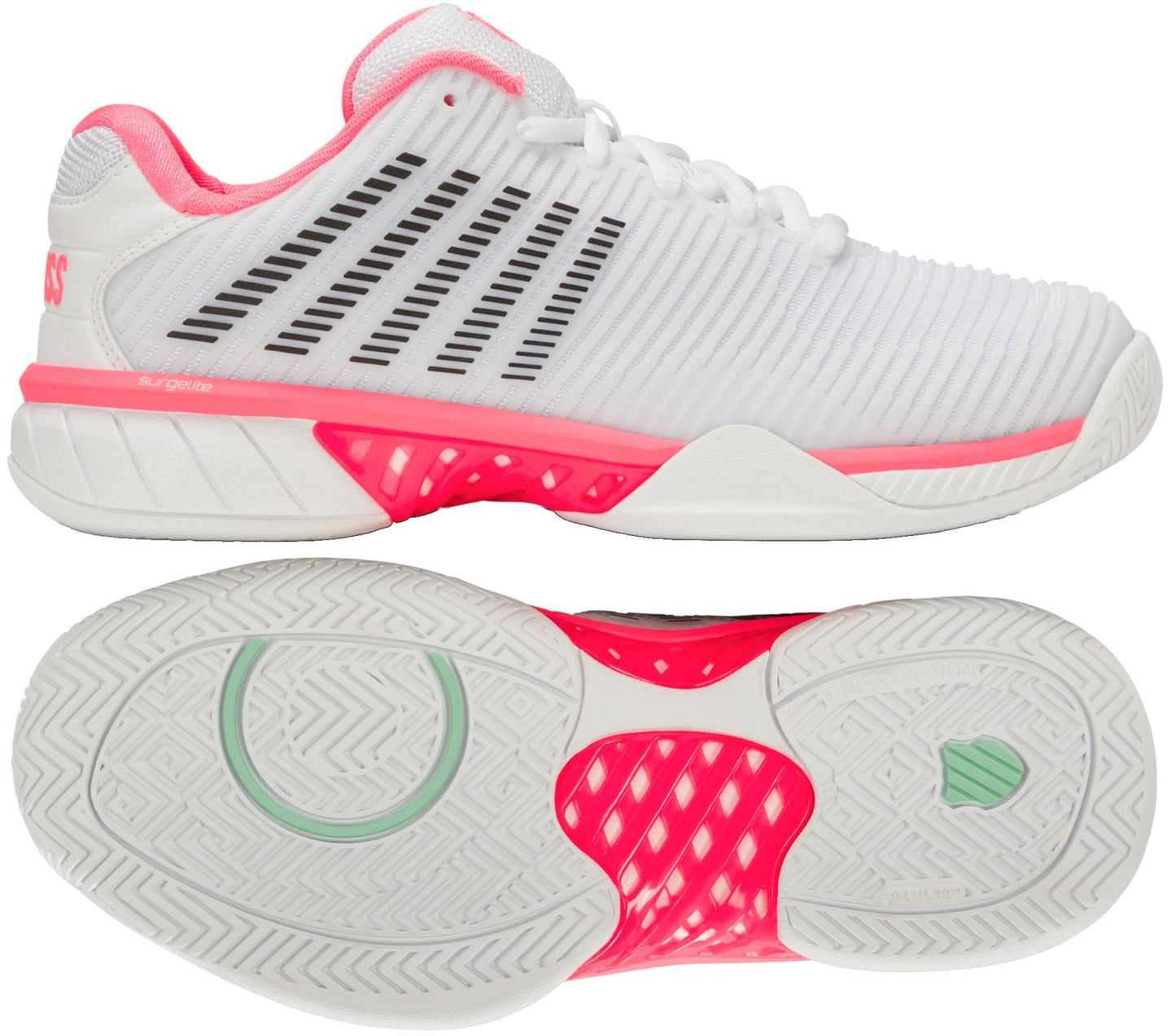 The K-Swiss Hypercourt Express 2 Womens Tennis Shoes in White/Pastel Pink/Black feature pink accents, black diagonal side lines, and a textured pink outsole for grip, offering great cushioning and stability for athletic performance.