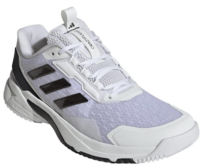 The adidas Crazyflight 6 Mens Indoor Tennis Shoes in white feature a breathable mesh and synthetic upper, three black stripes, black accents, and a chunky white sole—ideal for volleyball or indoor courts.