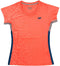The Yonex YTL11 Womens Tennis T-Shirt - Sunset is a short-sleeved coral tee with geometric patterns, navy blue side panels, and a Yonex logo. Made from breathable, quick-drying fabric for comfort on the court.