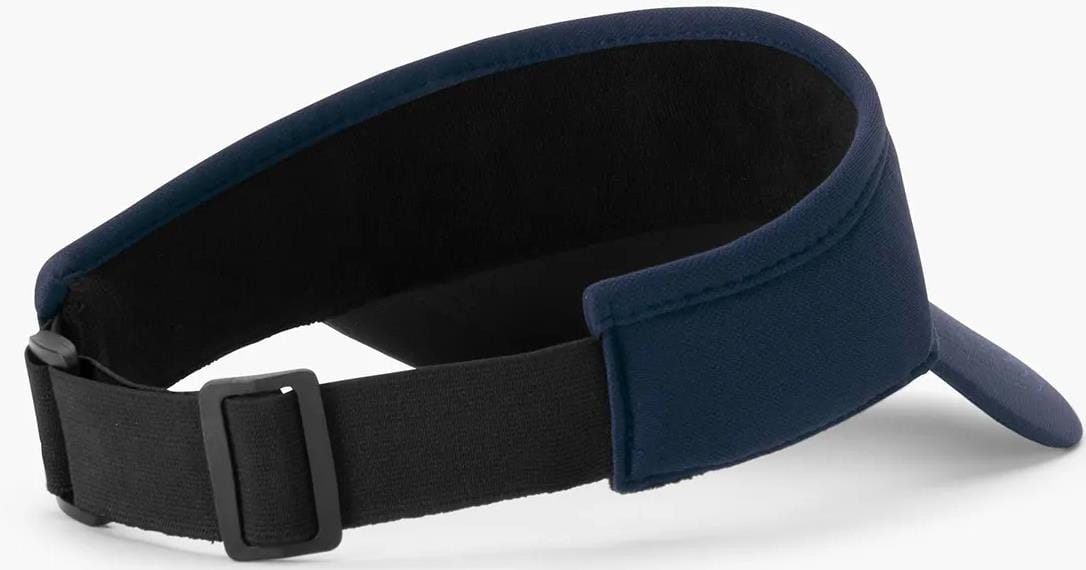 The Yonex 40126EX Tennis Visor in navy blue features breathable polyester, a curved bill, soft lining, and an adjustable black strap with plastic buckle for a secure fit.