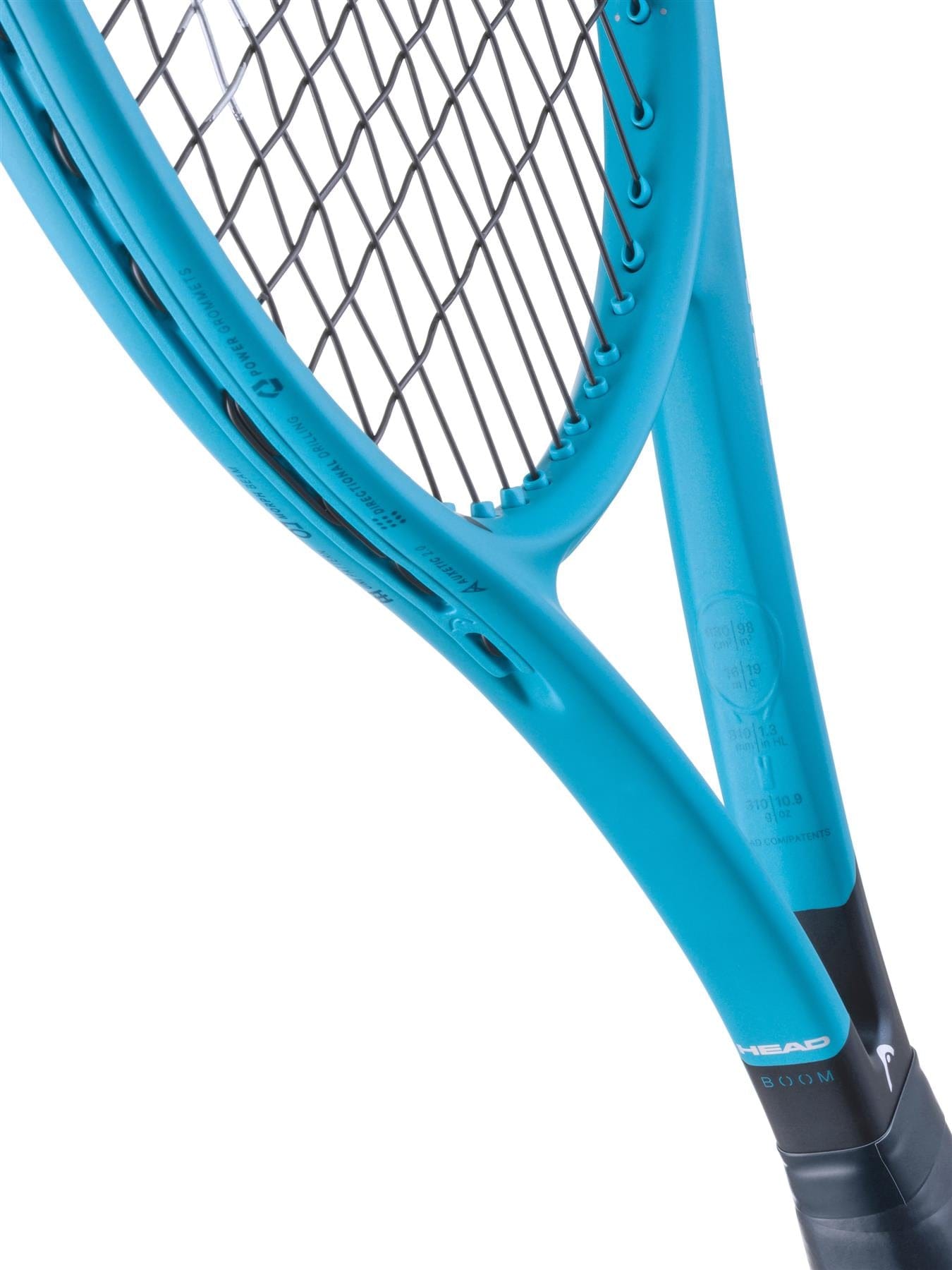 A close-up of the HEAD Boom Pro 2026 Tennis Racket frame shows its precise string pattern and distinct HEAD brand markings, with a white background emphasizing the advanced design.