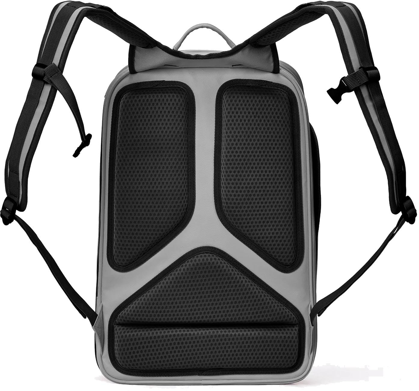 The Yonex 02612EX Expert Tennis Backpack in white is shown from the back, with padded black mesh panels for comfort and adjustable shoulder straps featuring black and gray accents.