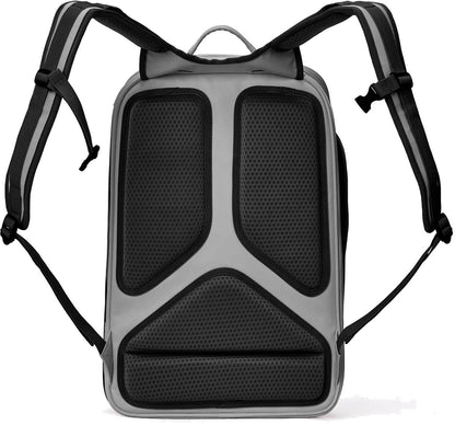 The Yonex 02612EX Expert Tennis Backpack in white is shown from the back, with padded black mesh panels for comfort and adjustable shoulder straps featuring black and gray accents.