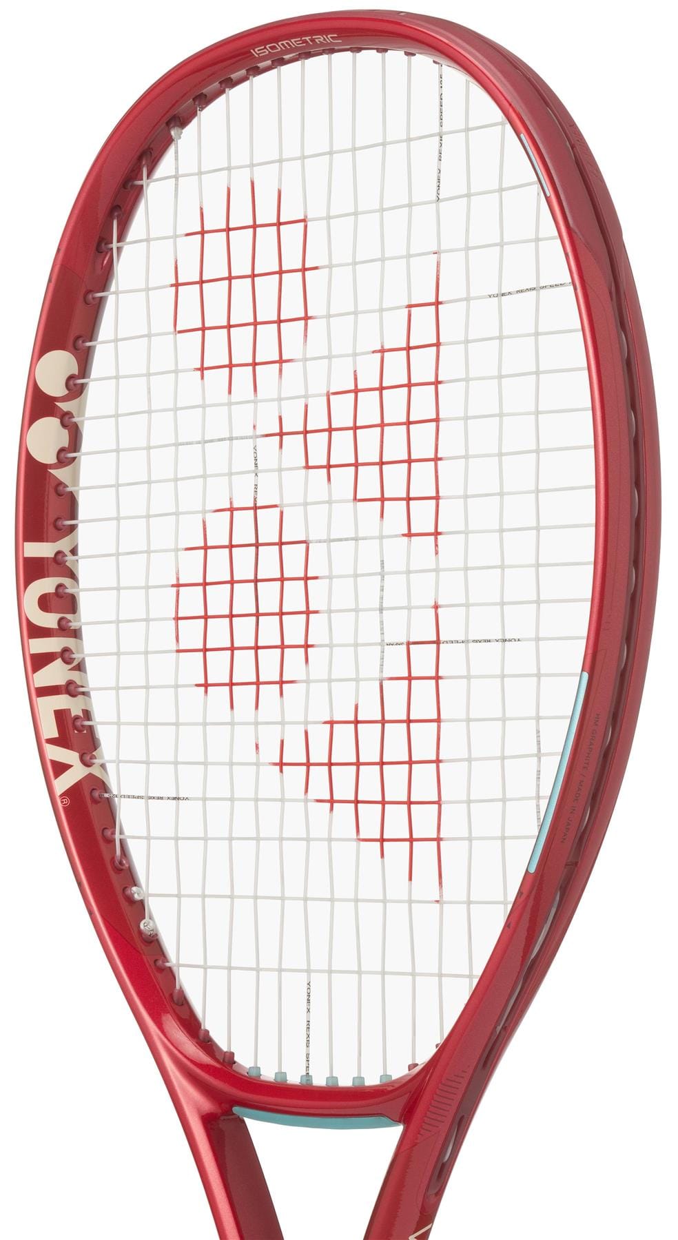 A close-up of the Yonex VCORE 100D Ruby Red 2026 Tennis Racket highlights its strings, frame, and Yonex logo, emphasizing the racket's spin potential and distinctive brand name on the side.