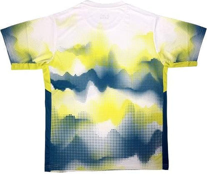 The Yonex YTM2025A Mens Tennis T-Shirt in white features a short-sleeve design with a pixelated yellow and dark blue gradient on the back, made from moisture-wicking performance fabric for dynamic style and comfort.