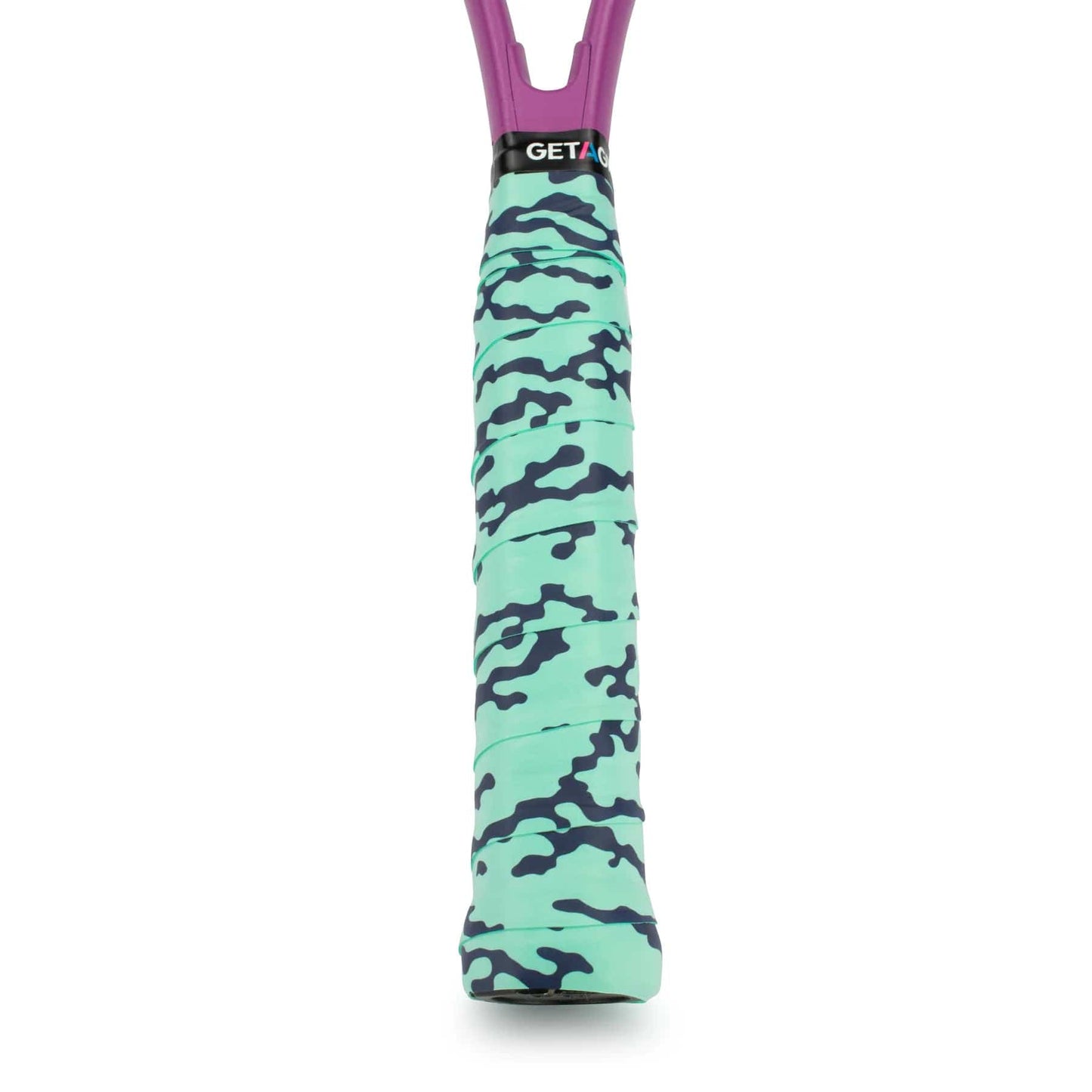 Close-up of a tennis racket handle wrapped in the Get A Grip Liquid Motion Tennis Overgrip, featuring a premium turquoise and black camouflage pattern. The non-slip top section of the handle is purple and includes the text "GETA.