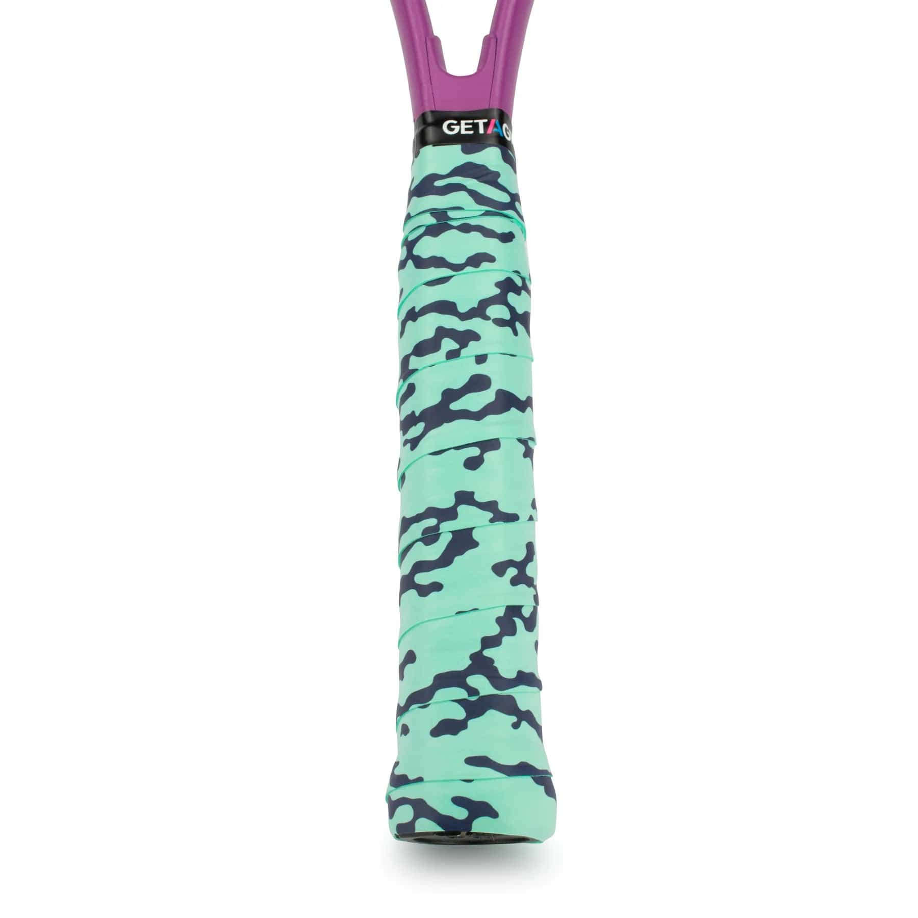 Close-up of a tennis racket handle wrapped in the Get A Grip Liquid Motion Tennis Overgrip, featuring a premium turquoise and black camouflage pattern. The non-slip top section of the handle is purple and includes the text "GETA.
