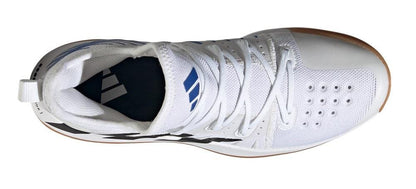 Top view of the ADIDAS Stabil Next Gen Primeblue men's indoor shoes, featuring a cloud white design with core black accents and a lace-up closure. Perforations enhance ventilation, while the light brown sole provides energy return. The insole prominently displays the adidas logo.