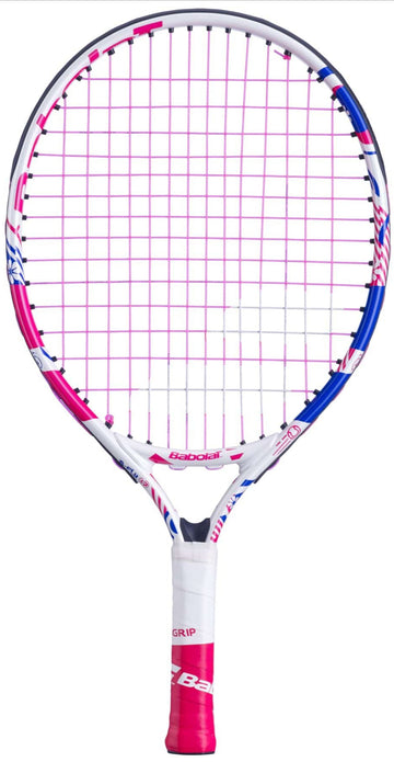 The Babolat B-Fly 17 Junior Tennis Racket is a vibrant tennis racket designed for beginners, featuring a white frame adorned with blue and pink accents. It has a white grip and pink strings, making it an ideal choice for children's tennis equipment. The brand name, Babolat, is prominently displayed on the frame.