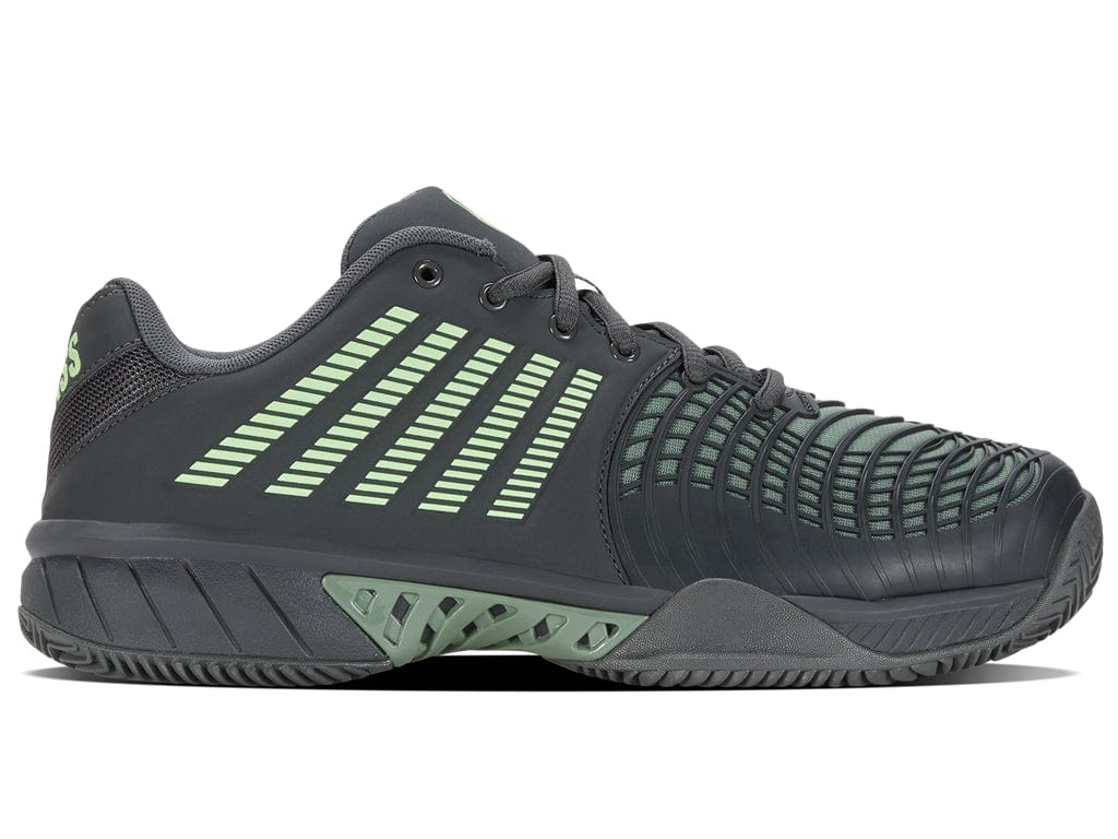 Introducing the K-Swiss Express Light 3 HB Men's Tennis Shoes in Sea Spray, Urban Chic, and Soft Neon Green. These sneakers feature dark gray tones with light green accents and horizontal stripes on the sides. Specifically designed for clay court surfaces, these tennis shoes boast textured detailing on the toe and a thick, patterned sole to enhance your on-court performance.